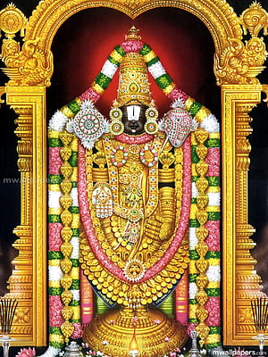 Lord Perumal adorned in golden ornaments and vibrant flower garlands within a temple arch HD phone wallpaper
