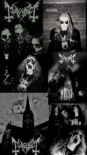 Mayhem Black Metal Band Collage with Gothic Church and Skull Makeup HD phone wallpaper