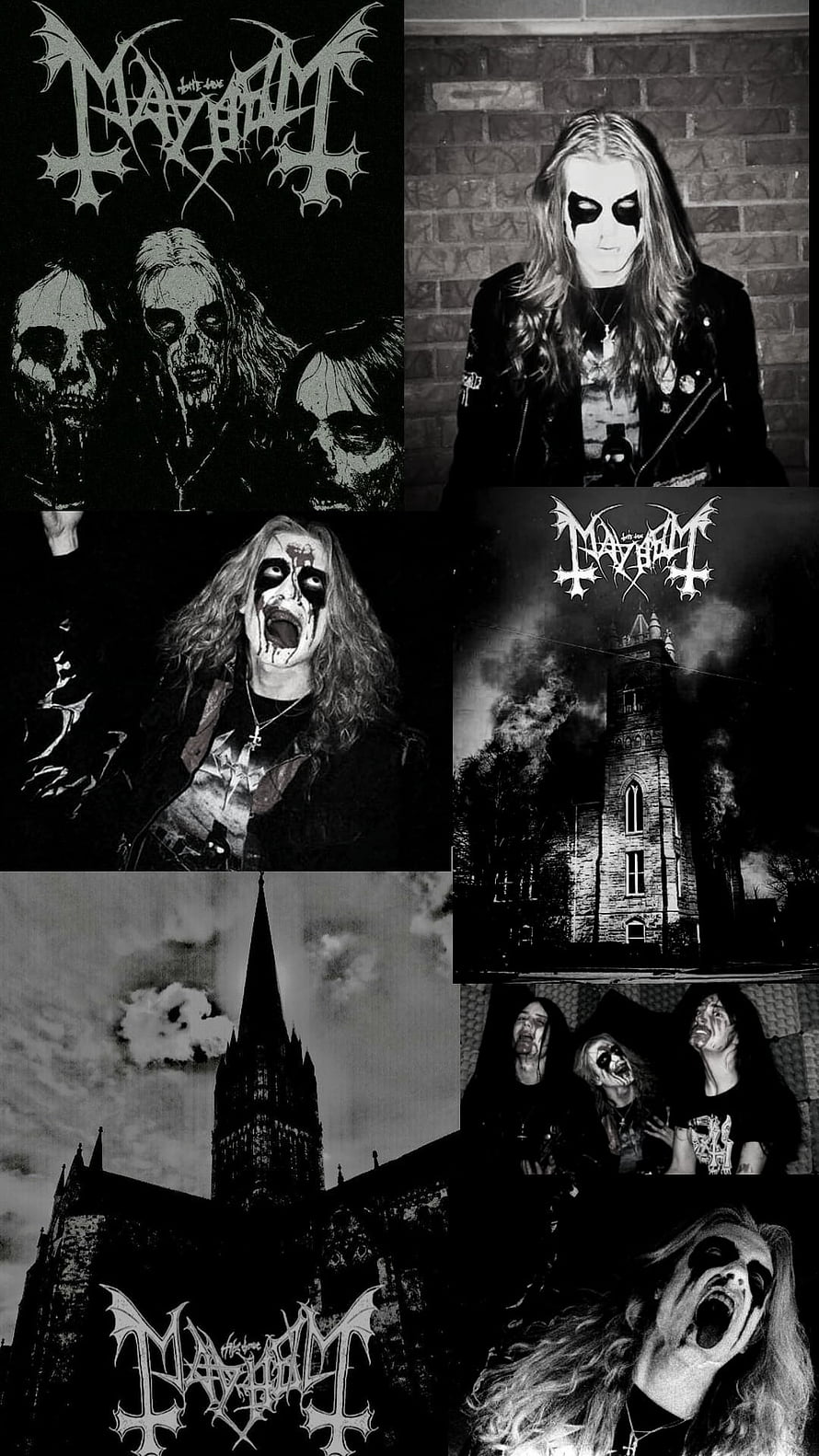 Mayhem Black Metal Band Collage with Gothic Church and Skull Makeup HD phone wallpaper