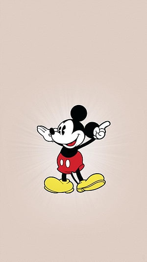 Mickey Mouse Classic Cartoon Character Pointing Up on Beige Background HD phone wallpaper