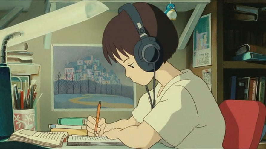 Whisper of the Heart Anime Girl Studying at Desk with Headphones HD wallpaper