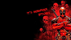Deadpool Comic Art with Katana and Skulls on Black Background HD wallpaper