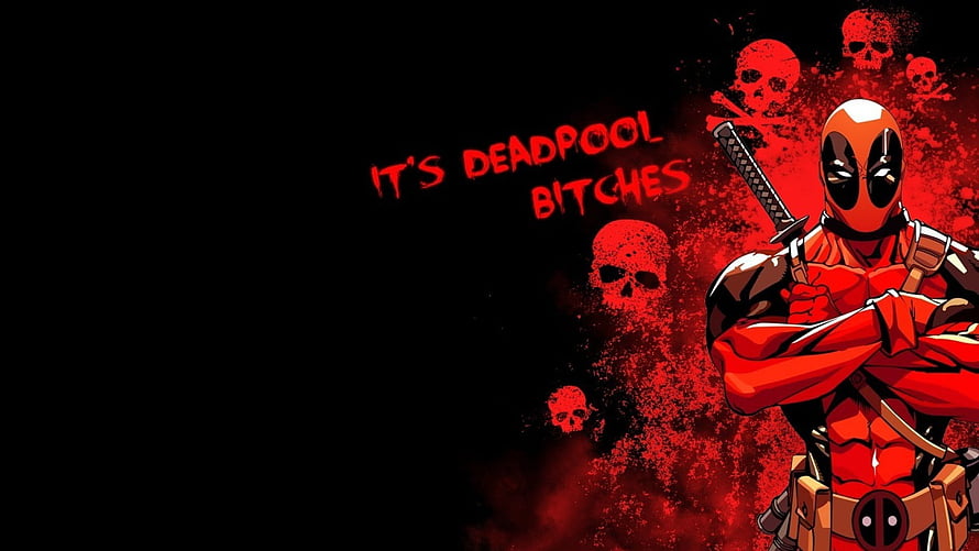 Deadpool Comic Art with Katana and Skulls on Black Background HD wallpaper