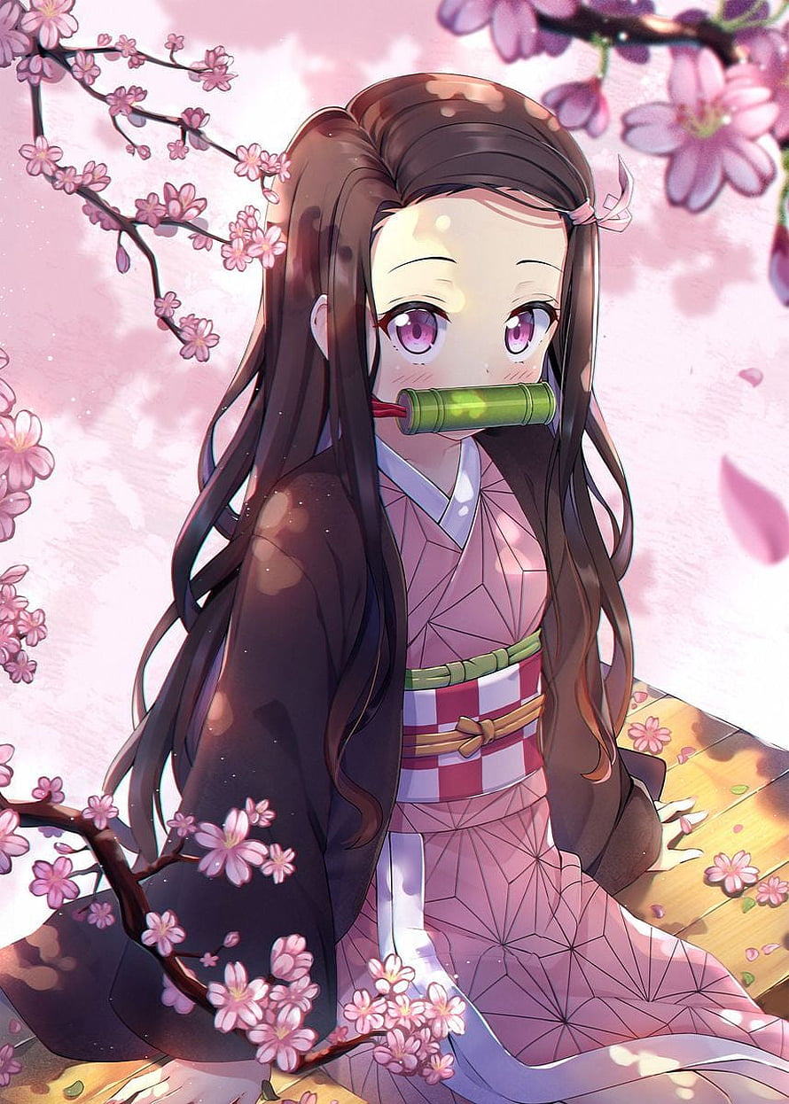 Nezuko Kamado from Demon Slayer Sitting Under Cherry Blossoms in Pink Kimono HD phone wallpaper