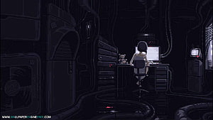 Pixel Art Girl Working at Computer in Dark Cyberpunk Server Room HD wallpaper