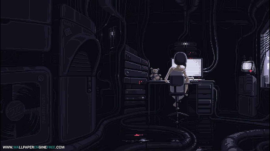 Pixel Art Girl Working at Computer in Dark Cyberpunk Server Room HD wallpaper