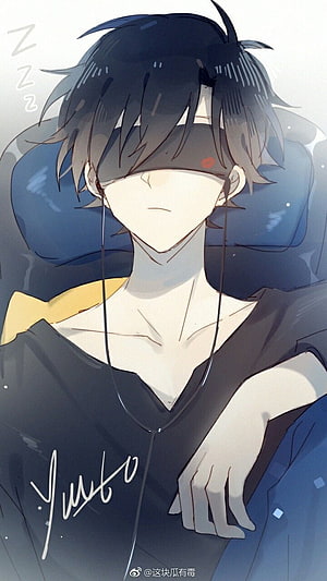 Anime boy sleeping with blindfold and headphones, dark hair, black shirt, peaceful rest, digital art wallpaper HD phone wallpaper