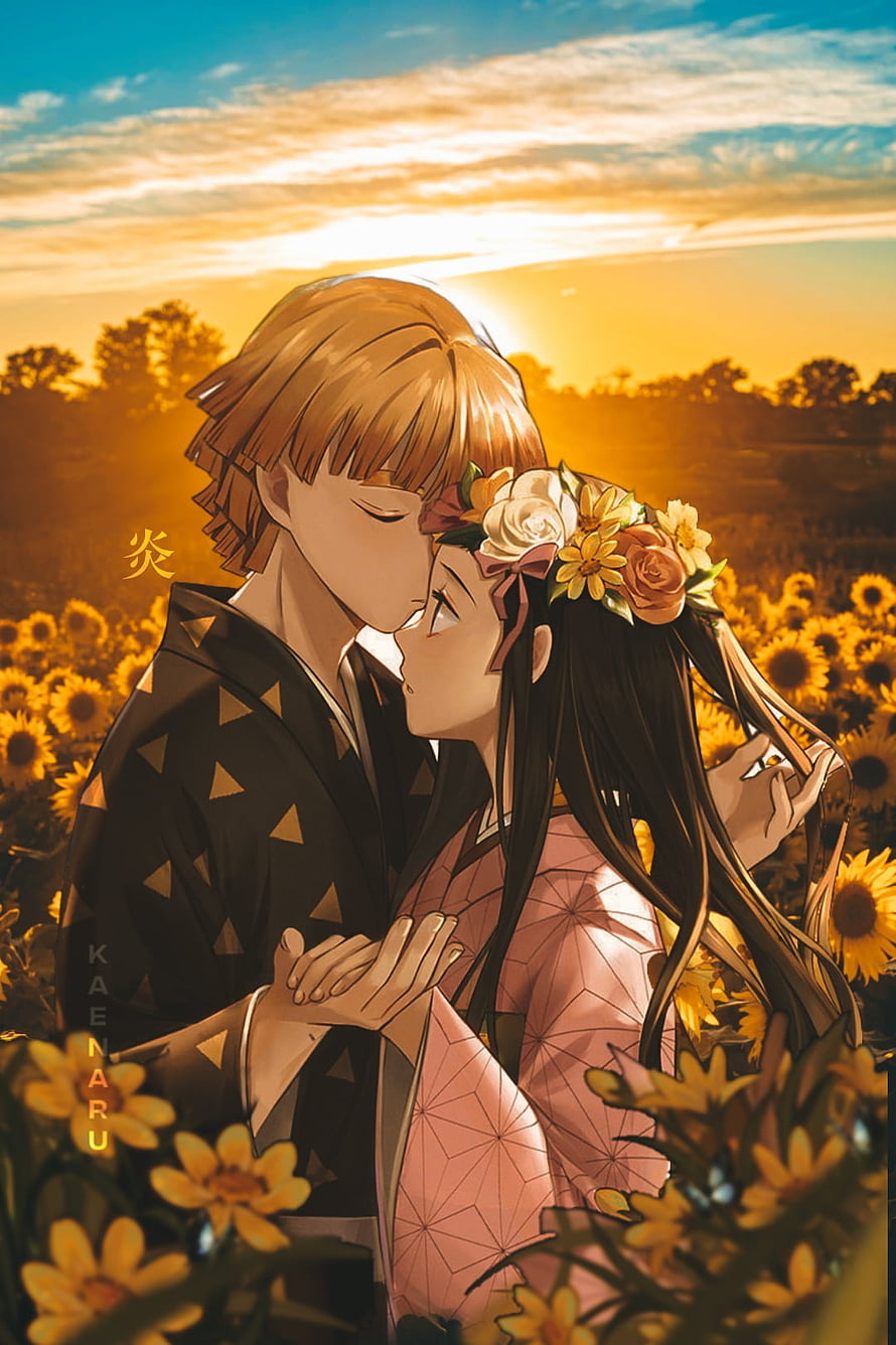 Demon Slayer Zenitsu and Nezuko Romantic Embrace in Sunflower Field at Sunset HD phone wallpaper