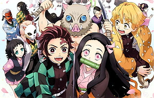 Demon Slayer Anime Group Art Featuring Tanjiro, Nezuko, Inosuke, Zenitsu, and Hashira HD wallpaper