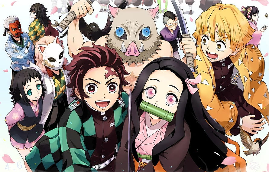 Demon Slayer Anime Group Art Featuring Tanjiro, Nezuko, Inosuke, Zenitsu, and Hashira HD wallpaper