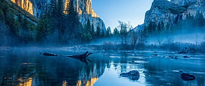 Misty Morning at Yosemite Valley with El Capitan and Merced River Reflections HD wallpaper