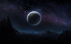 Distant Planet and Moon Over Rocky Terrain in Starry Night Sky HD wallpaper