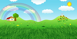 Colorful Cartoon Landscape With Rainbow, House, Windmill, And Sunflowers HD wallpaper