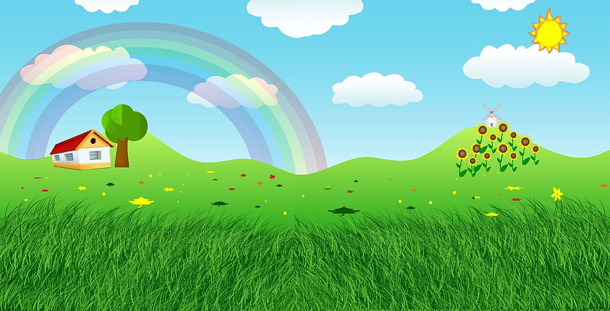 Colorful Cartoon Landscape With Rainbow, House, Windmill, And Sunflowers HD wallpaper