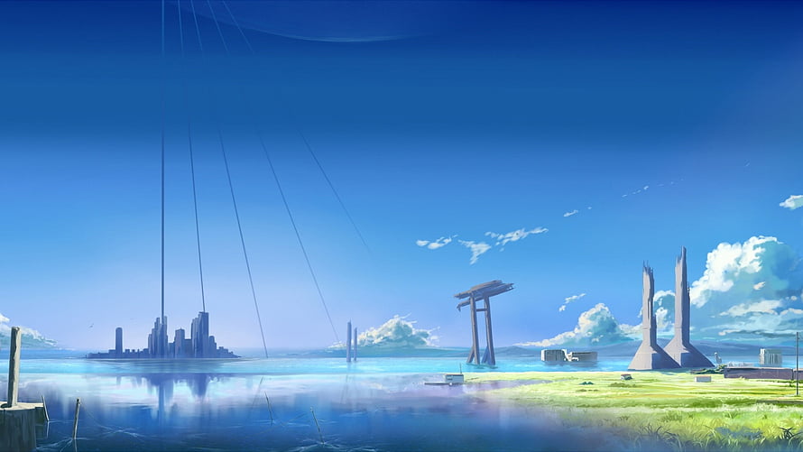 Anime Style Futuristic Cityscape With Torii Gate And Ocean View HD wallpaper