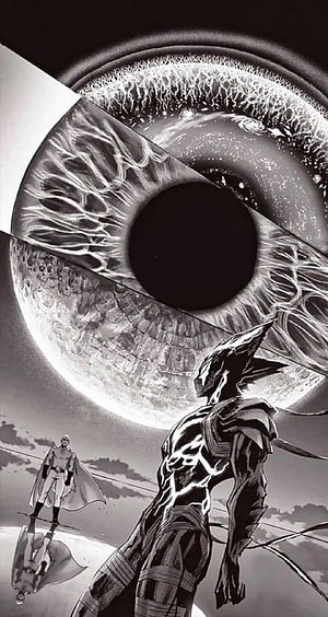 Saitama and Garou facing off under a giant cosmic eye in One Punch Man manga art, One punch man, manga, anime HD phone wallpaper