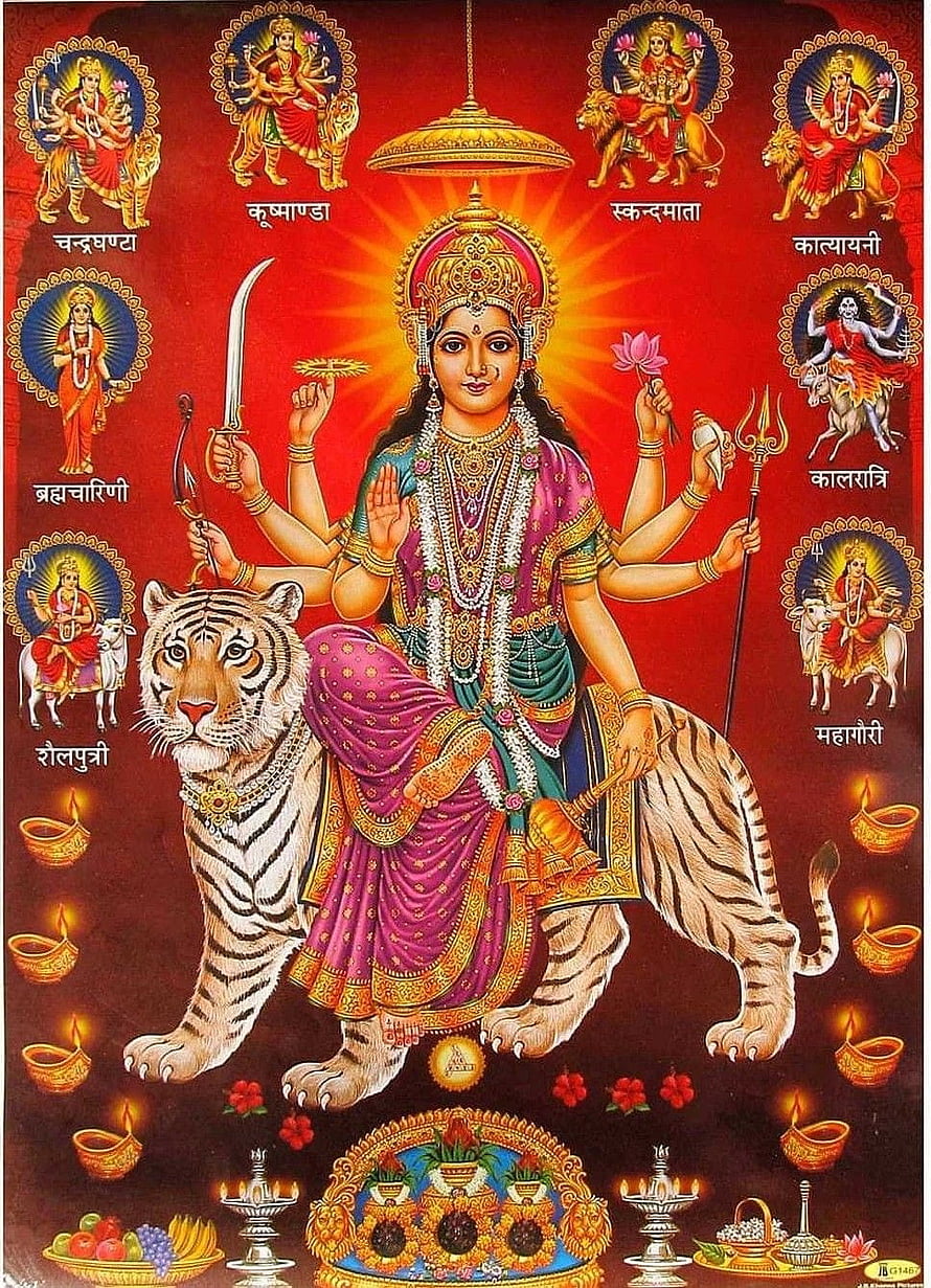 Navdurga Murti Artwork Featuring Durga Riding a Tiger with Nine Forms and Diya Offerings HD phone wallpaper