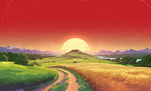 Anime Style Landscape With Red Sunset, Rolling Hills, And Winding Dirt Path HD wallpaper