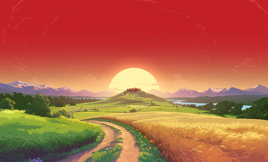 Anime Style Landscape With Red Sunset, Rolling Hills, And Winding Dirt Path HD wallpaper