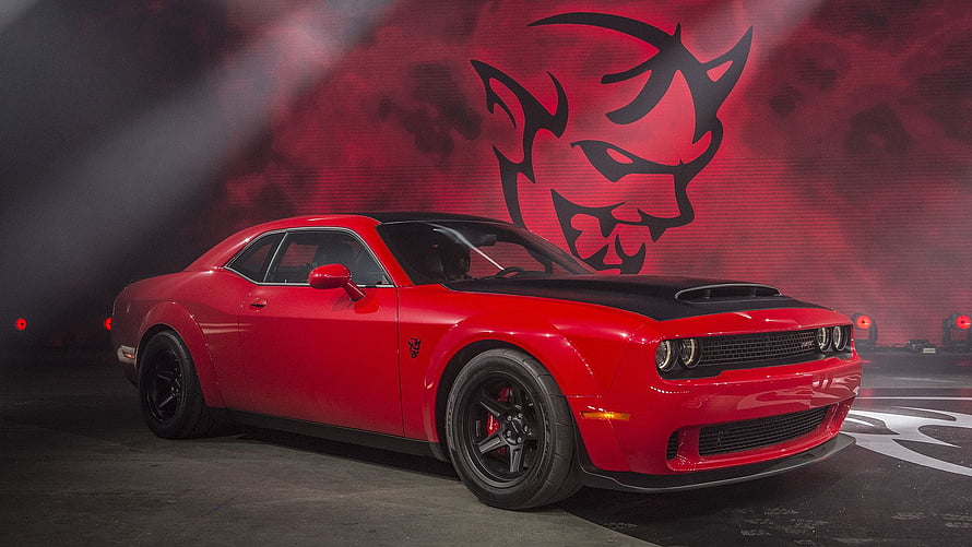 Red Dodge Challenger Demon with Black Hood and Devil Logo Background HD wallpaper