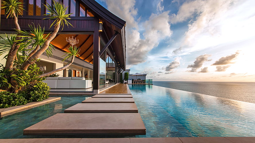 Luxury Modern Villa With Infinity Pool Overlooking The Ocean At Sunset HD wallpaper