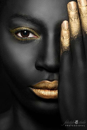 Artistic Portrait of Woman with Black Matte Skin and Gold Makeup, Black Gold Women , Golden Woman HD phone wallpaper