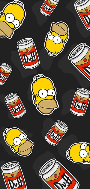 Homer Simpson and Duff Beer Cans Sticker Pattern on Dark Background HD phone wallpaper