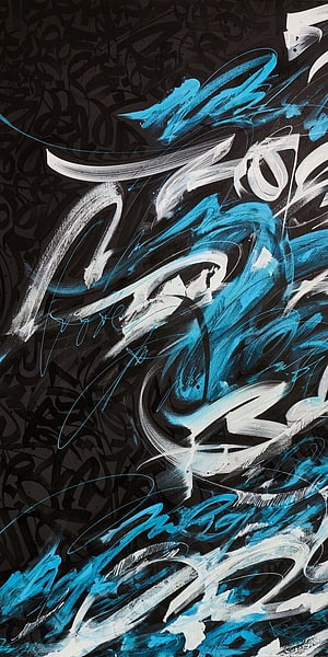 Abstract Blue and White Graffiti Art on Dark Background HD phone wallpaper