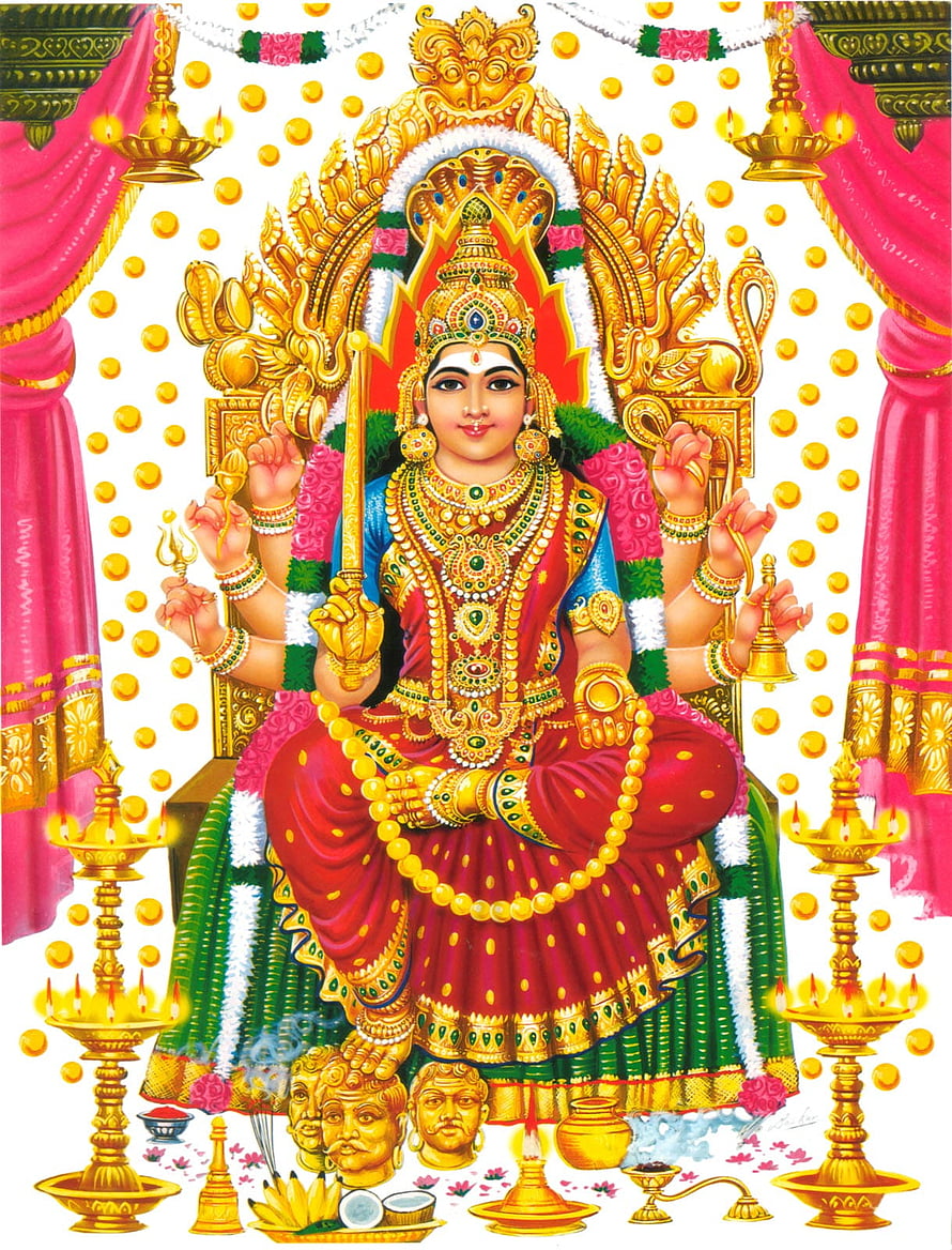 Mariamman Devi Seated on Golden Throne with Traditional Offerings and Diyas, Arulmigu Samayapuram Mariamman Temple - - - Tip HD phone wallpaper
