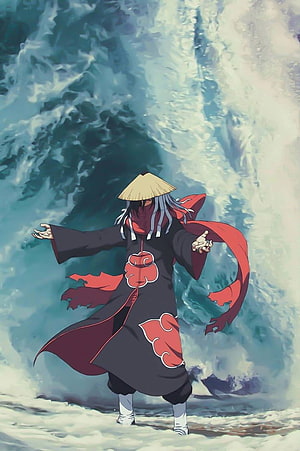 Hidan from Naruto Wearing Akatsuki Cloak and Straw Hat Standing Before Giant Wave HD phone wallpaper