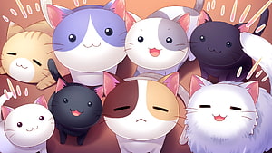 Kawaii Anime Cat Group Portrait with Soft Pastel Colors and Cute Expressions HD wallpaper