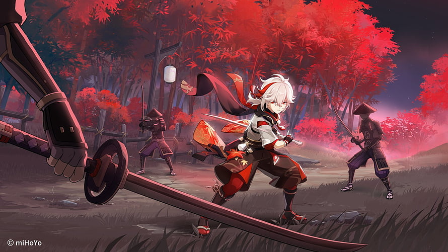 Kaedehara Kazuha from Genshin Impact in a dynamic sword stance within a crimson autumn forest HD wallpaper