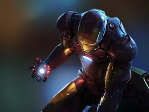 Iron Man in a Dynamic Crouching Pose with Glowing Repulsor Hand and Arc Reactor, IRON MAN, iron, man HD wallpaper