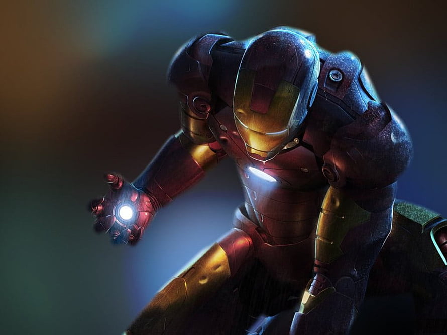Iron Man in a Dynamic Crouching Pose with Glowing Repulsor Hand and Arc Reactor, IRON MAN, iron, man HD wallpaper