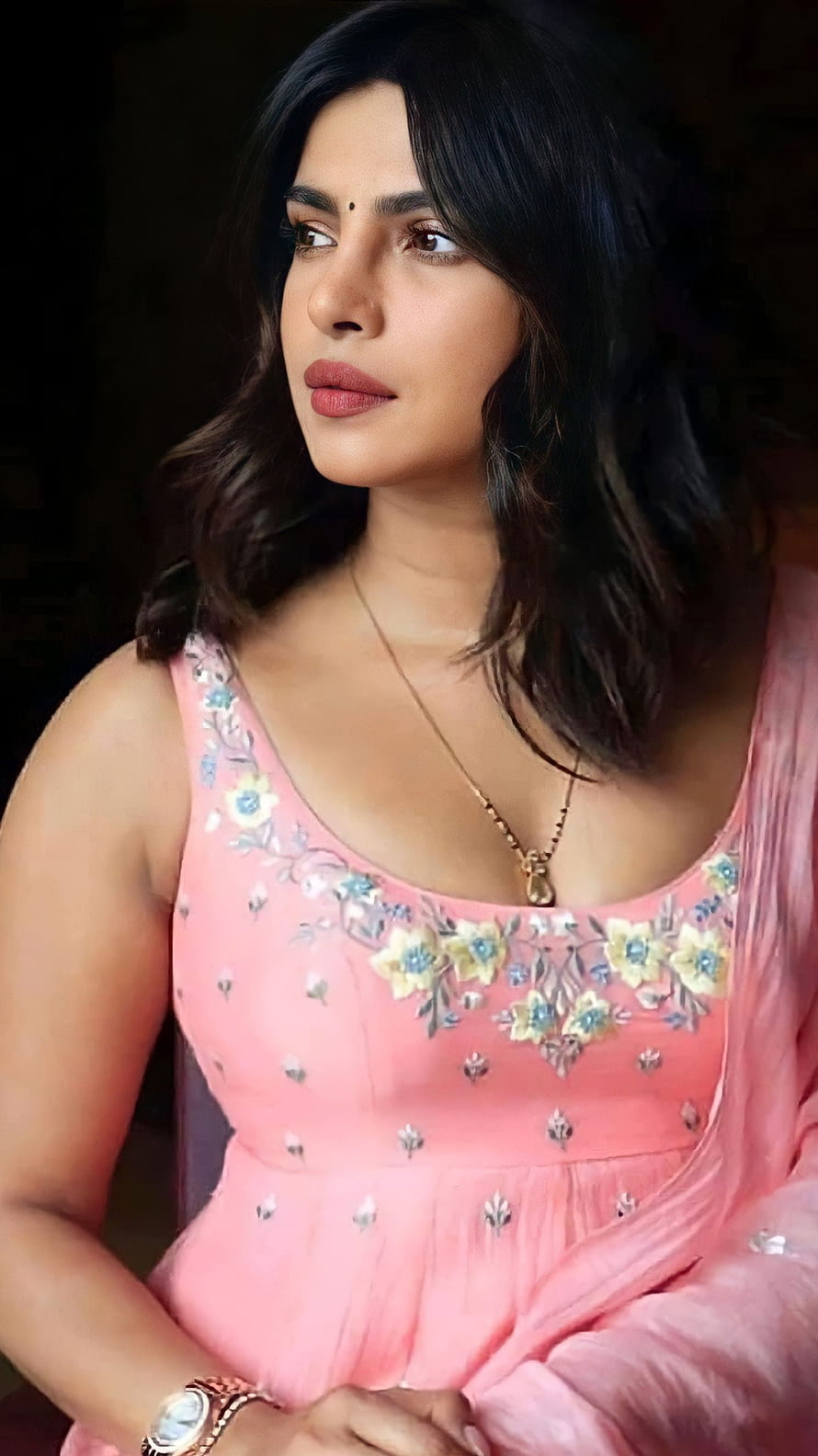 Priyanka Chopra in a Pink Floral Embroidered Dress Portrait HD phone wallpaper