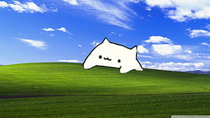Bongo Cat Meme Character Floating Over Rolling Green Hills Under a Bright Blue Sky HD wallpaper