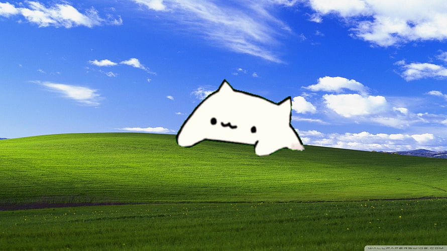 Bongo Cat Meme Character Floating Over Rolling Green Hills Under a Bright Blue Sky HD wallpaper