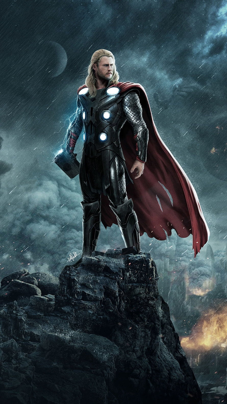 Thor God of Thunder in Black Armor Standing on Rocky Cliff with Stormy Sky Background HD phone wallpaper