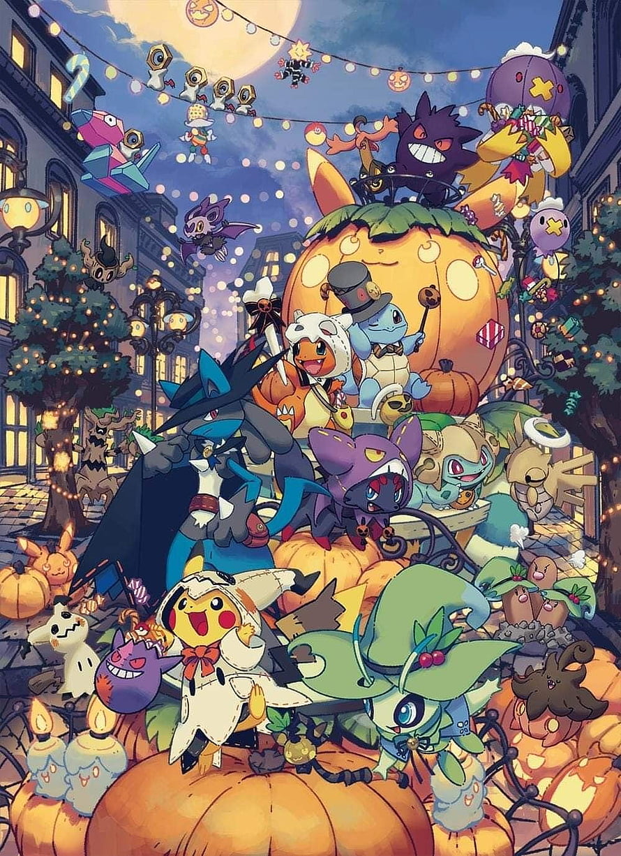 Pokemon Halloween Party with Pikachu, Lucario, and Gengar in a Spooky City Street HD phone wallpaper