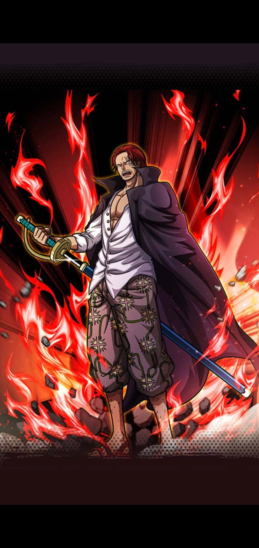 Shanks from One Piece wielding a katana surrounded by intense red flames in a dramatic anime illustration HD phone wallpaper