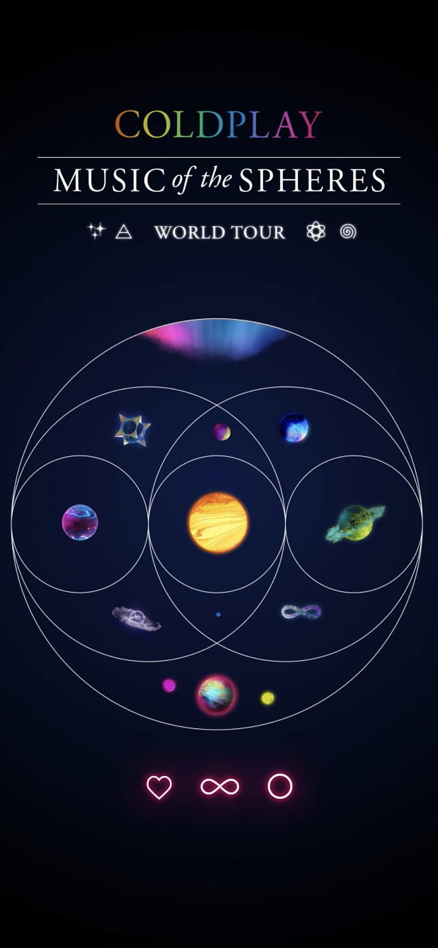 Coldplay Music of the Spheres World Tour Poster with Celestial Planets and Geometric Orbits HD phone wallpaper