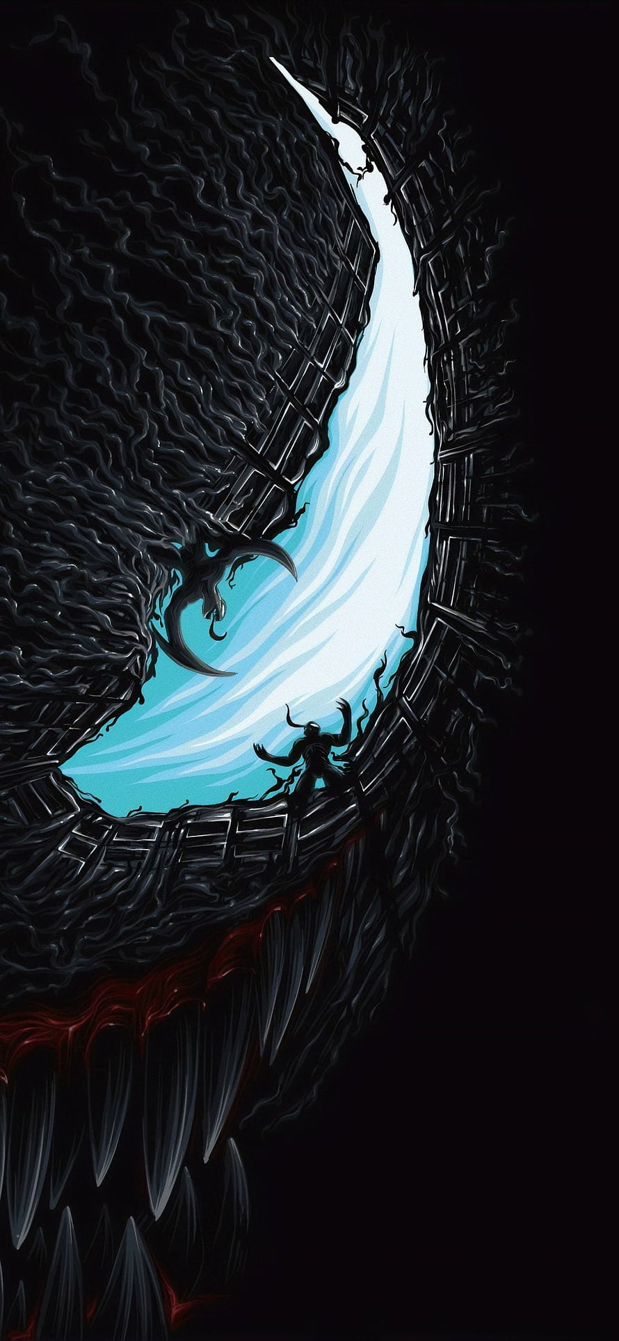 Venom Symbiote Mouth with Silhouette Figure in Dark Fantasy Digital Art HD phone wallpaper