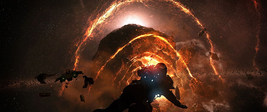 Astronaut Silhouette Floating in Space Amidst Glowing Orange Debris and Cosmic Dust HD wallpaper
