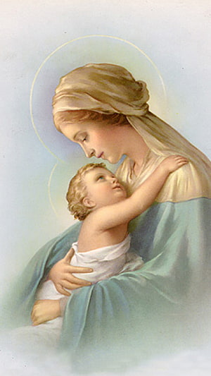 Mother Mary and Baby Jesus in a Tender Embrace with Golden Halos HD phone wallpaper