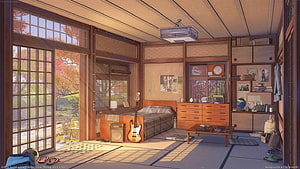 Cozy Japanese Bedroom Interior with Electric Guitar and Autumn Garden View HD wallpaper