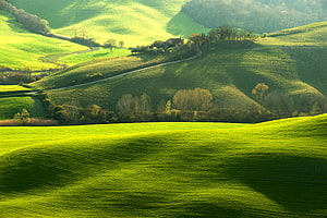 Serene Rolling Green Hills Landscape with Winding Country Road and Farmhouse HD wallpaper