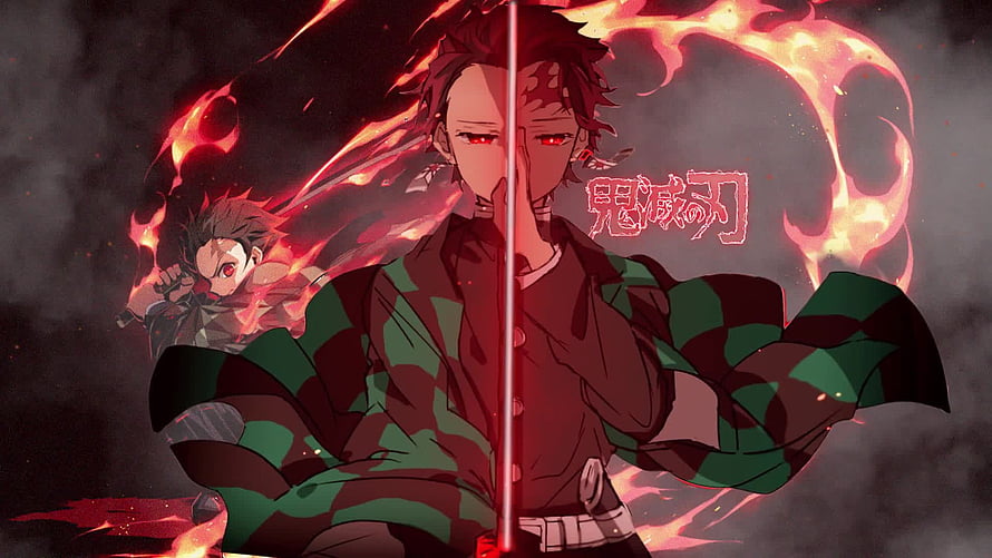 Tanjiro Kamado Demon Slayer Anime Wallpaper with Flame Breathing Sword HD wallpaper
