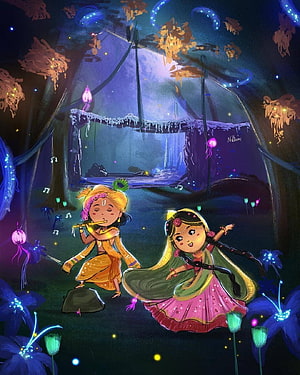 Krishna and Radha in a Magical Enchanted Forest at Night HD phone wallpaper