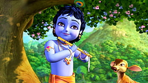 3D Animated Krishna Playing Flute in Lush Green Forest with Deer HD wallpaper