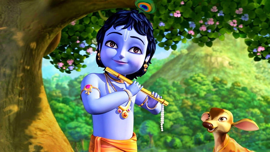 3D Animated Krishna Playing Flute in Lush Green Forest with Deer HD wallpaper